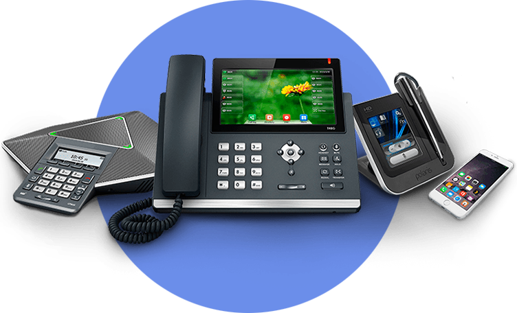 Image of four different types of business VoIP phone systems including a conference room phone, a Yealink IP Phone with a side cart with a wireless headset, an iPhone, and a calculator, arranged within a blue circle.