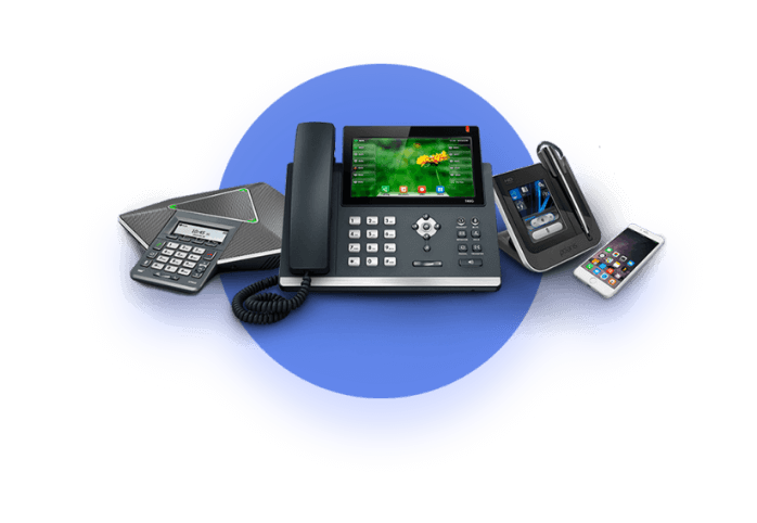 Image of four different types of business VoIP phone systems including a conference room phone, a Yealink IP Phone with a side cart with a wireless headset, an iPhone, and a calculator, arranged within a blue circle.