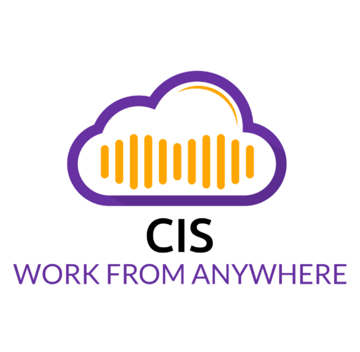 CIS Business Phone System logo featuring a cloud with vibrant orange soundwaves, company name 'CIS,' and the slogan 'Work From Anywhere.