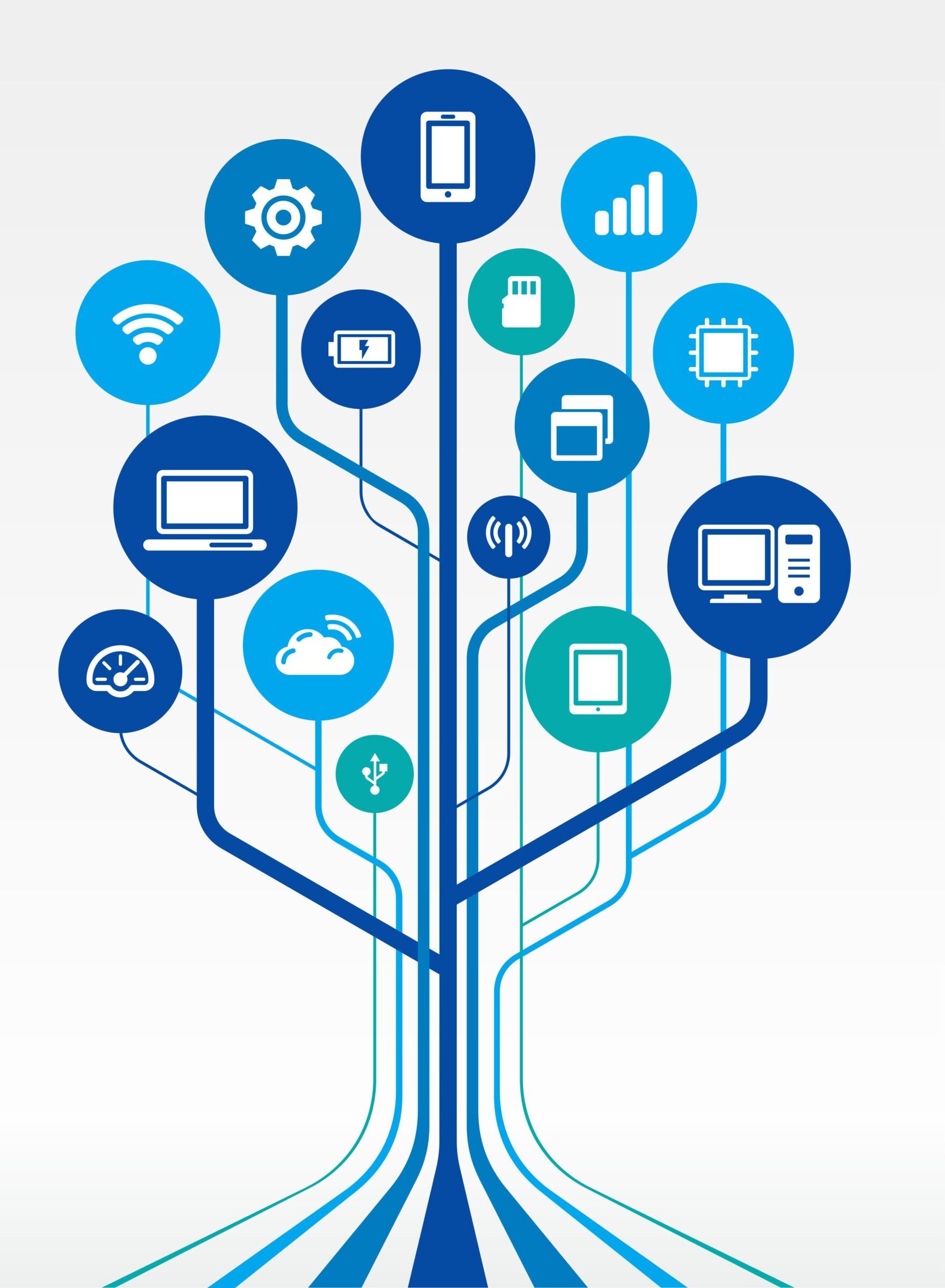 SIP Trunking Tree: Branches connecting to technology icons like computers, phones, wifi, laptops, cloud, network, and reporting dashboards